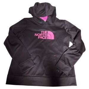 The North Face Womens Sz L Pullover Hooded Sweatshirt Hoodie Black Purple Logo